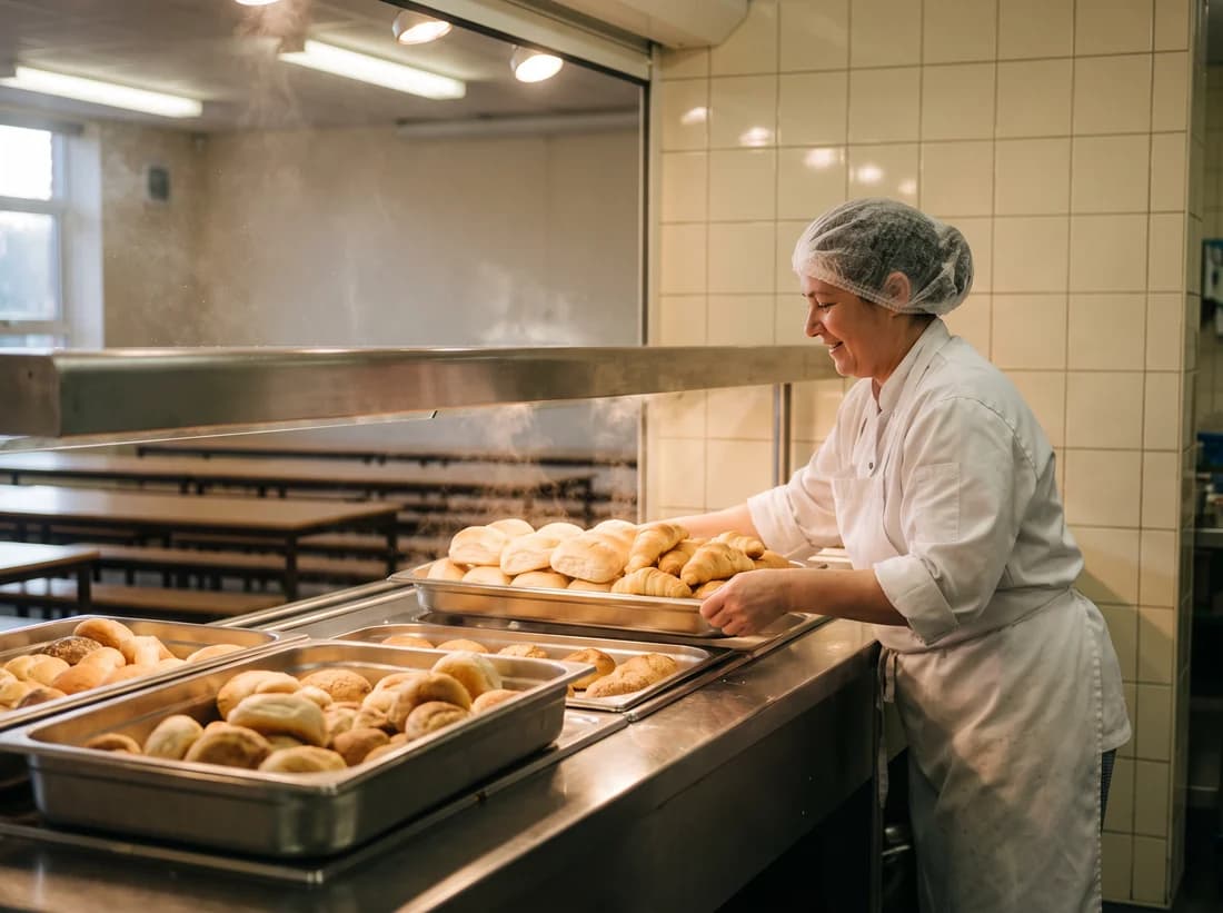 Intézményi étkezde kiszolgálópultja friss zsemlével megrakott tálcákkal